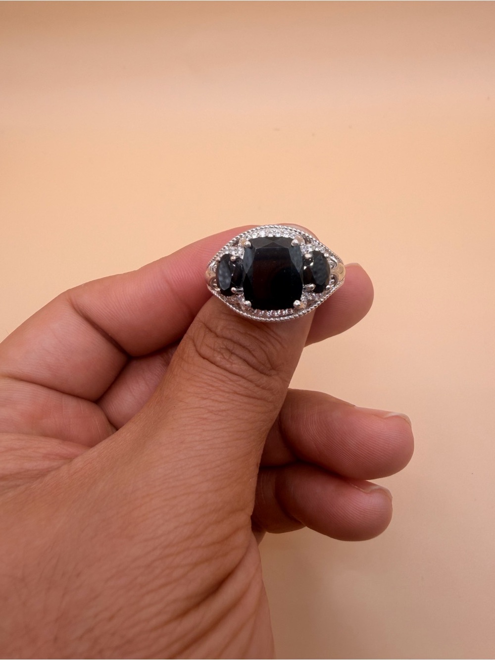 925 Sterling Silver Black Spinel & Topaz Ring Size 10.